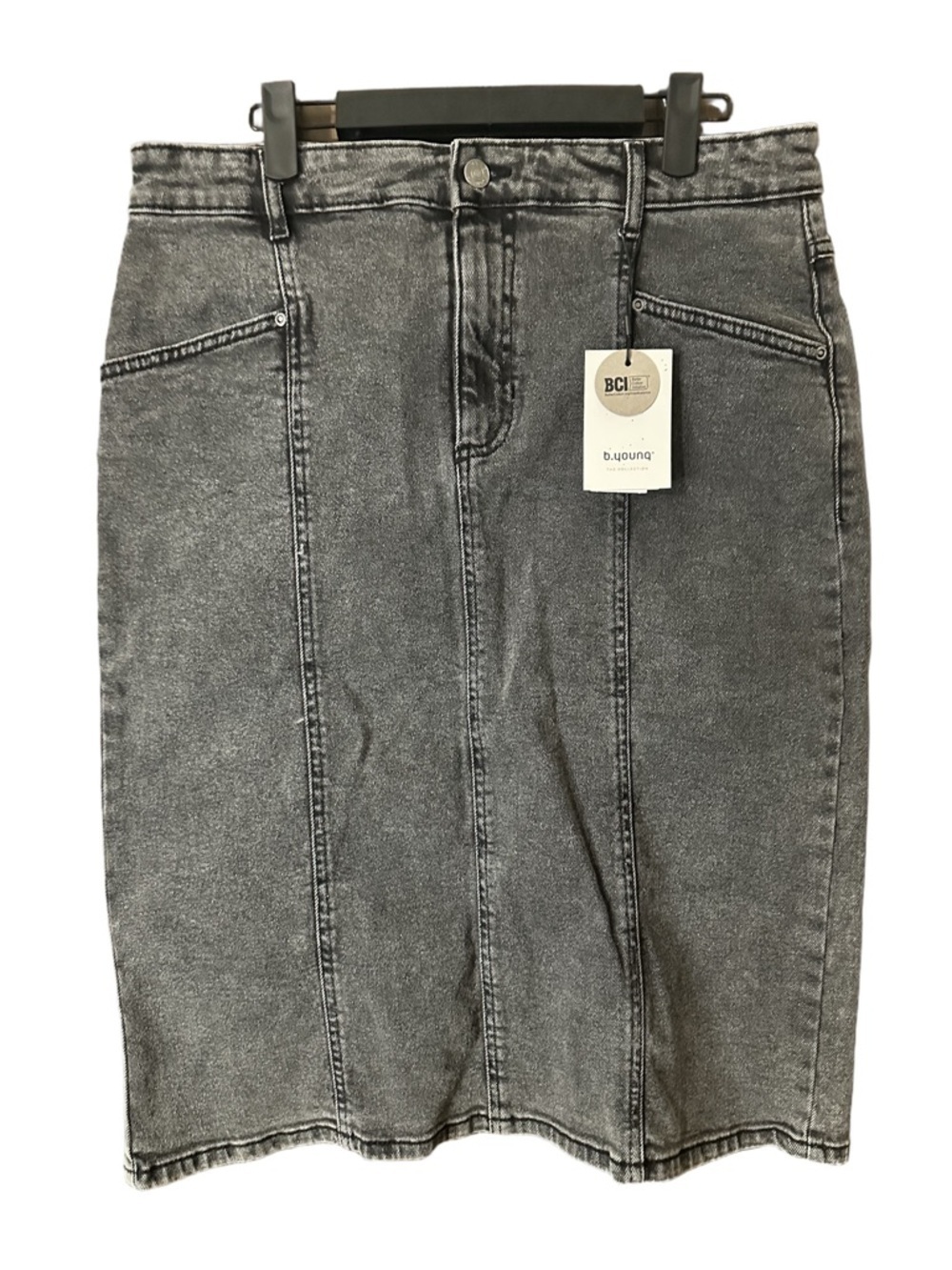 b.young Mid Grey Black Washed Denim Midi Pencil Skirt Kolka Size 14 NWT
